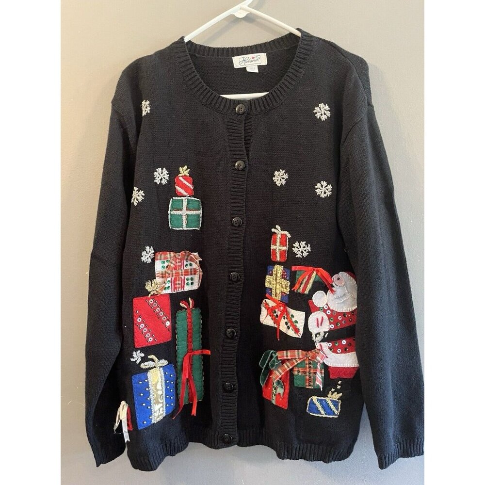 Vintage Haband Christmas Ugly Sweater Appliqué Black Womens Size XX